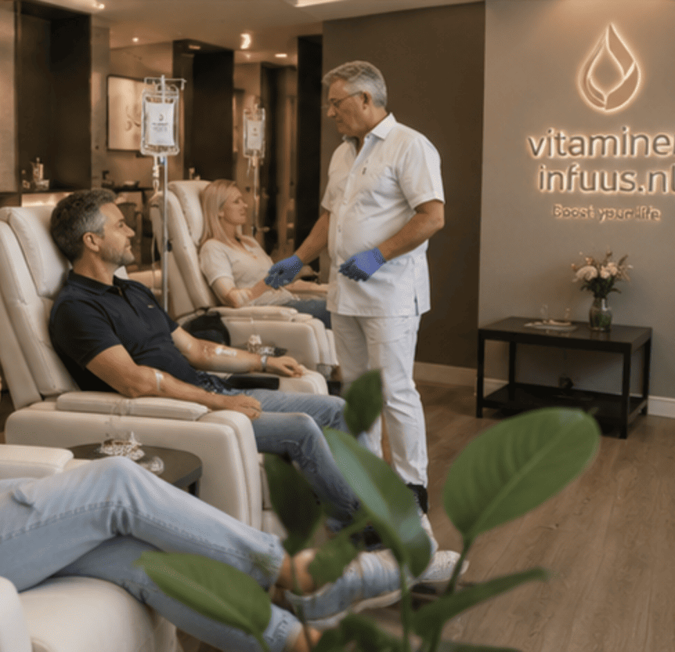 Cliënt tijdens een behandeling met een vitamine-infuus