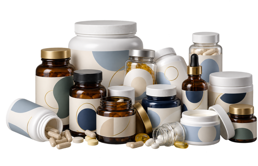 Een grote en onoverzichtelijke stapel verschillende supplementpotjes